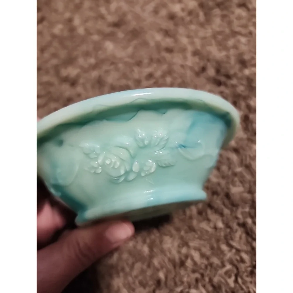 Vintage Avon Green Swirl Milk‎ Glass Rose Mini Bowl and Pitcher Set. No Topper.